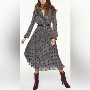Ba&sh Paris Pleated Midi Dress Red Black Long Sleeves Size XS